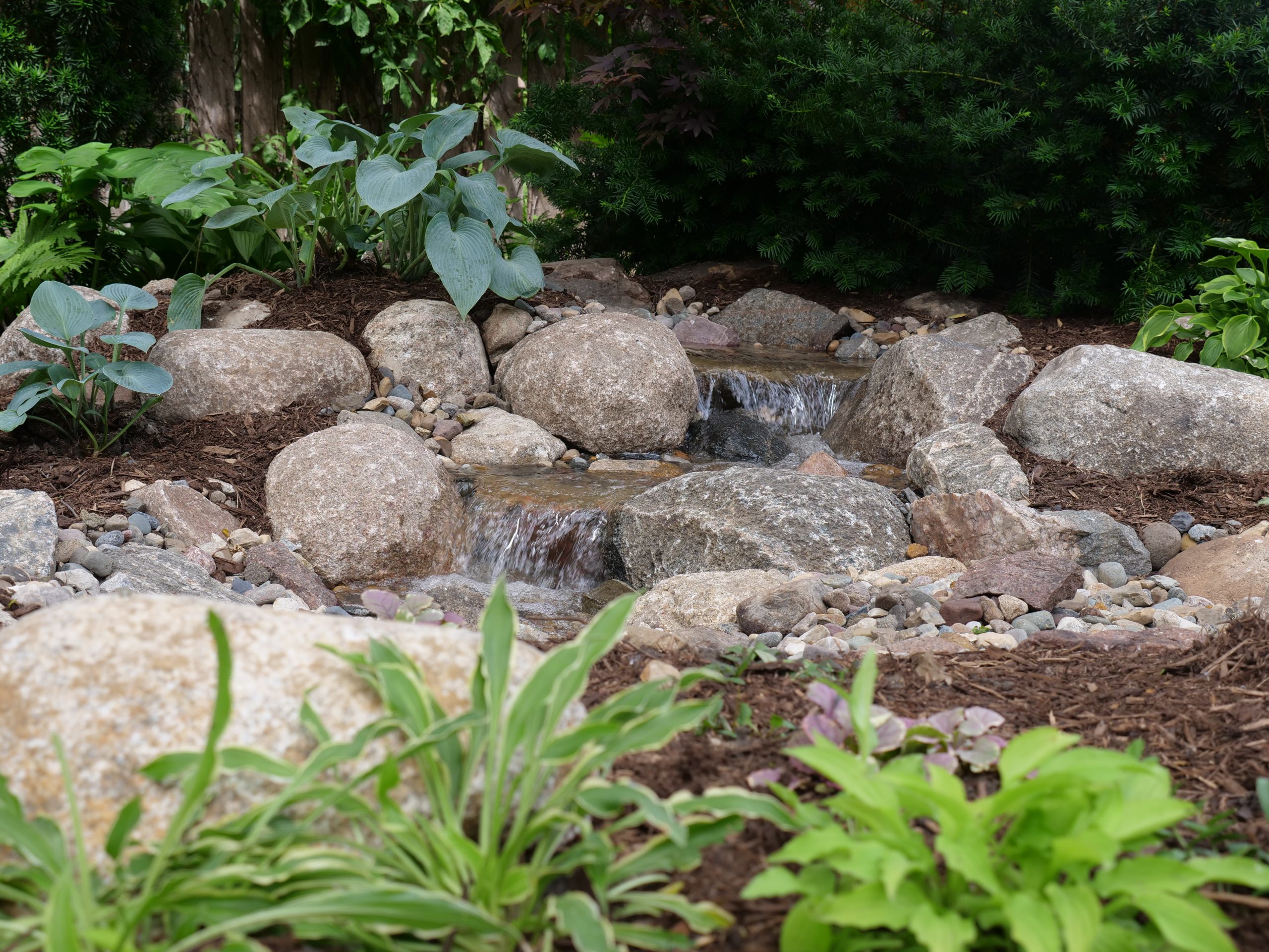 Wide view of the completed waterfall feature