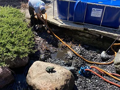 Technician running hoses and a pump to drain a pond into a holding tank