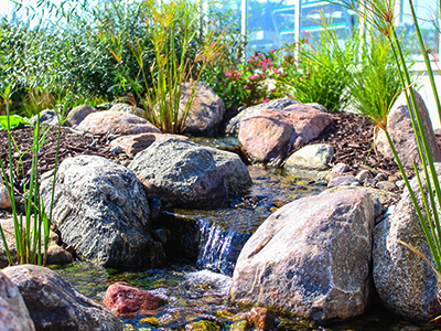 Short pondless stream with two small waterfalls between granite boulders